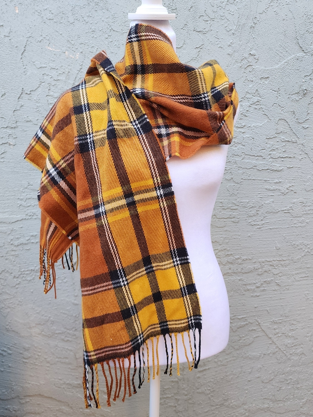 Old Navy Mustard Yellow Plaid Blanket Scarf Fringed Cozy Wrap OS
